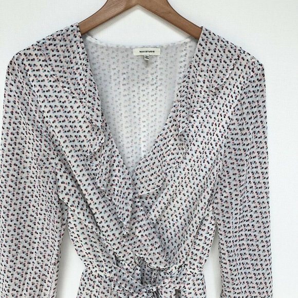 Max Studio Ruffle Blouse Faux Wrap Tie Polka Dot Long Sleeve Lined Size Large - Picture 2 of 6